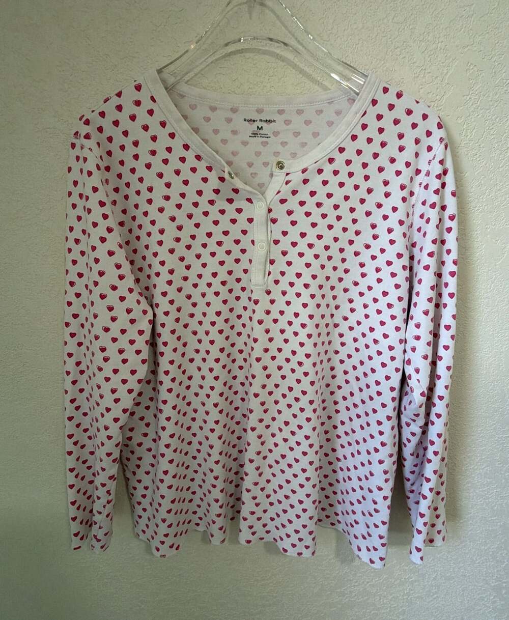 Roller Rabbit Heart Pajama Top Size M Pink White Long Sleeve Henley